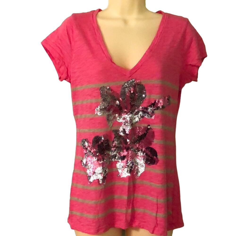 Express Pink Striped Sequin Embellished Knit Top Woman Size Medium Bedazzled